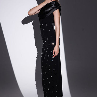 Damen langes Kleid mit Strasssteinen asymmetrischer Ausschnitt eleganter Stil - Vianey