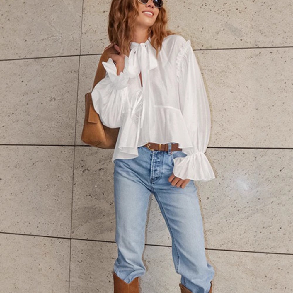 Langärmelige Damenbluse aus Baumwolle mit romantischer Halskrawatte - Céleste