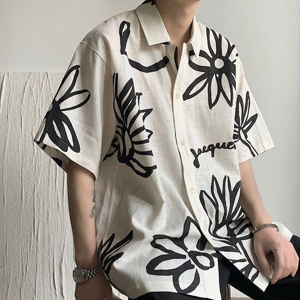 Herren-Kurzarmhemd aus Leinen mit kunstvollem Blumenmuster - Jörg
