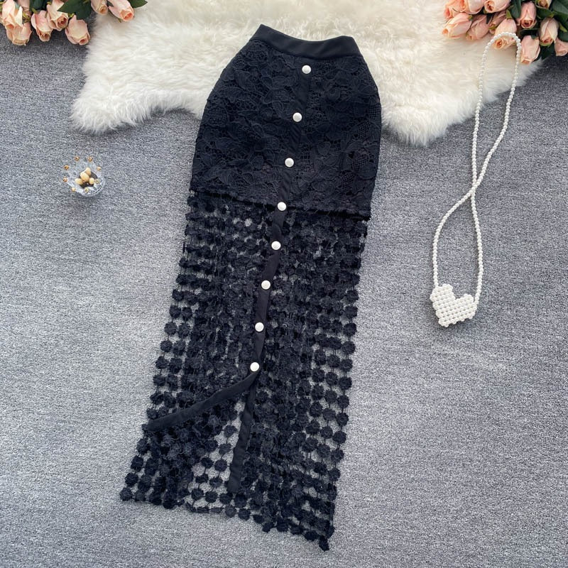 Langer Damenrock aus Spitze mit Blumendetails und Knöpfen gerader Schnitt - Solène