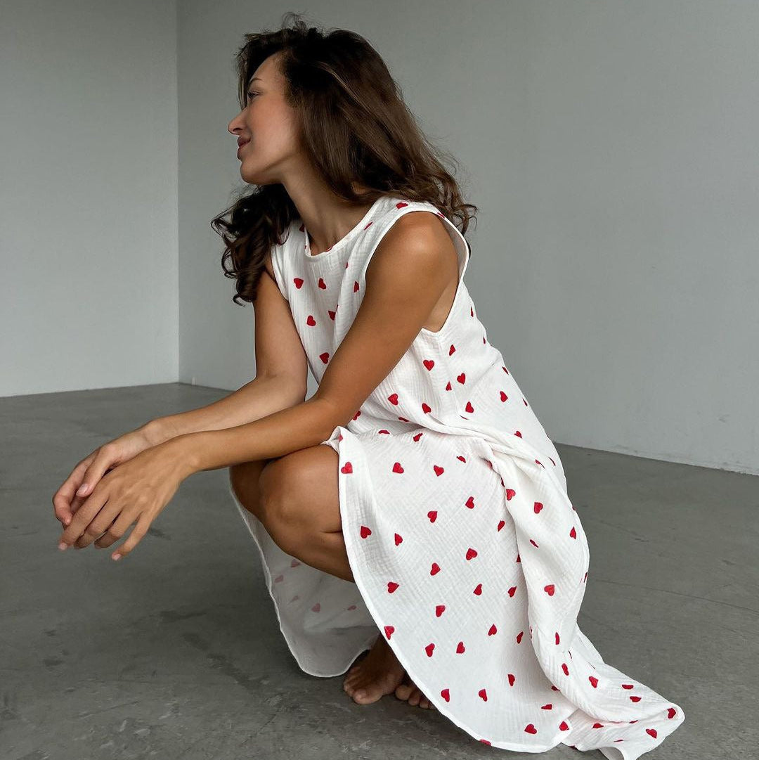 Langes ärmelloses Baumwollkleid mit Herzchenprint - Mieke