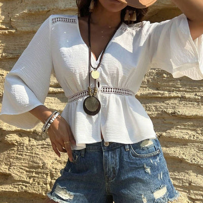 Damenbluse aus Baumwolle mit V-Ausschnitt im Bohème-Stil - Alicia