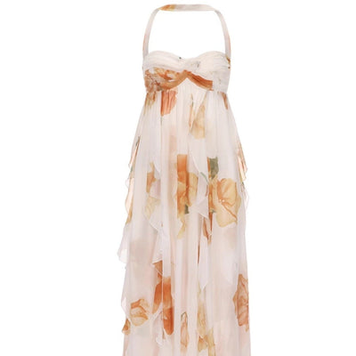 Langes Kleid aus Chiffon mit Blumendruck und offenem Rücken - Camille