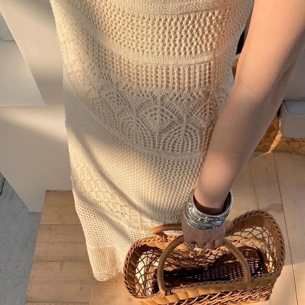 Langes durchbrochenes Damen Strickkleid mit dünnen Trägern - Amandine