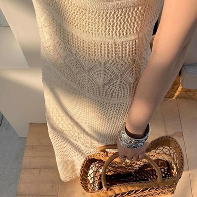 Langes durchbrochenes Damen Strickkleid mit dünnen Trägern - Amandine