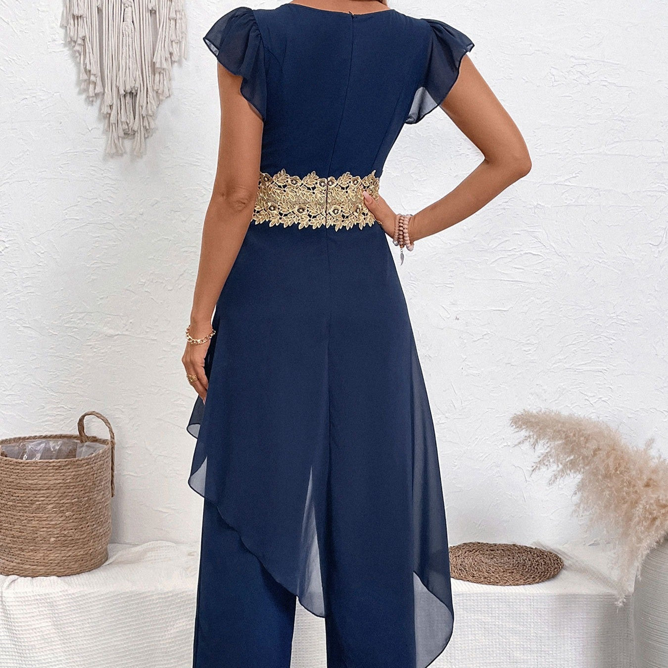 Langer Damen-Overall aus Chiffon mit eleganter floraler Spitze - Julieta