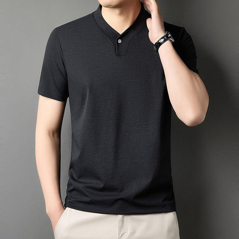 Herren-T-Shirt aus Stretch-Baumwolle mit Mao-Kragen - Adrien