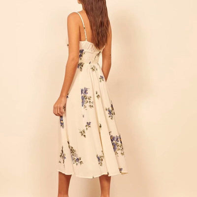 Geblümtes Midikleid für Damen mit schmalen Trägern und geraffter Taille - Isadora