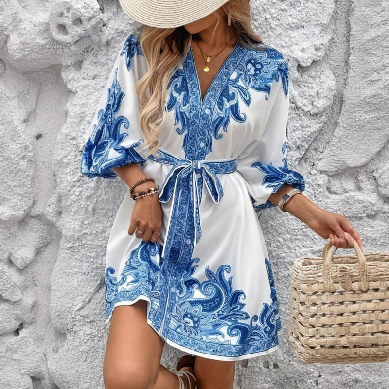 Kurzes Damenkleid aus Satin mit böhmischem Print im Tunika-Stil - Nadine