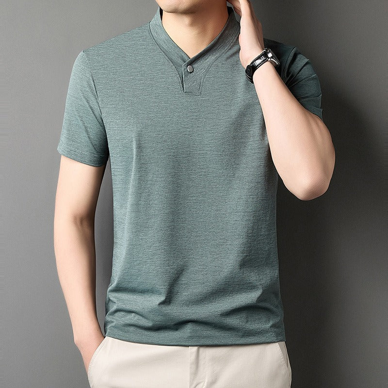 Herren-T-Shirt aus Stretch-Baumwolle mit Mao-Kragen - Adrien