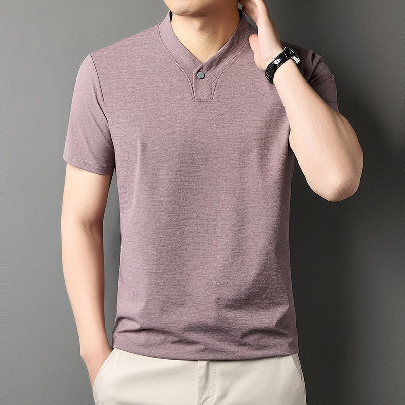 Herren-T-Shirt aus Stretch-Baumwolle mit Mao-Kragen - Adrien