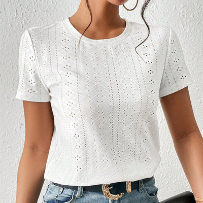 Damen T-Shirt aus Baumwolle mit Stickerei, kurzen Ärmeln und Rundhalsausschnitt - Livia