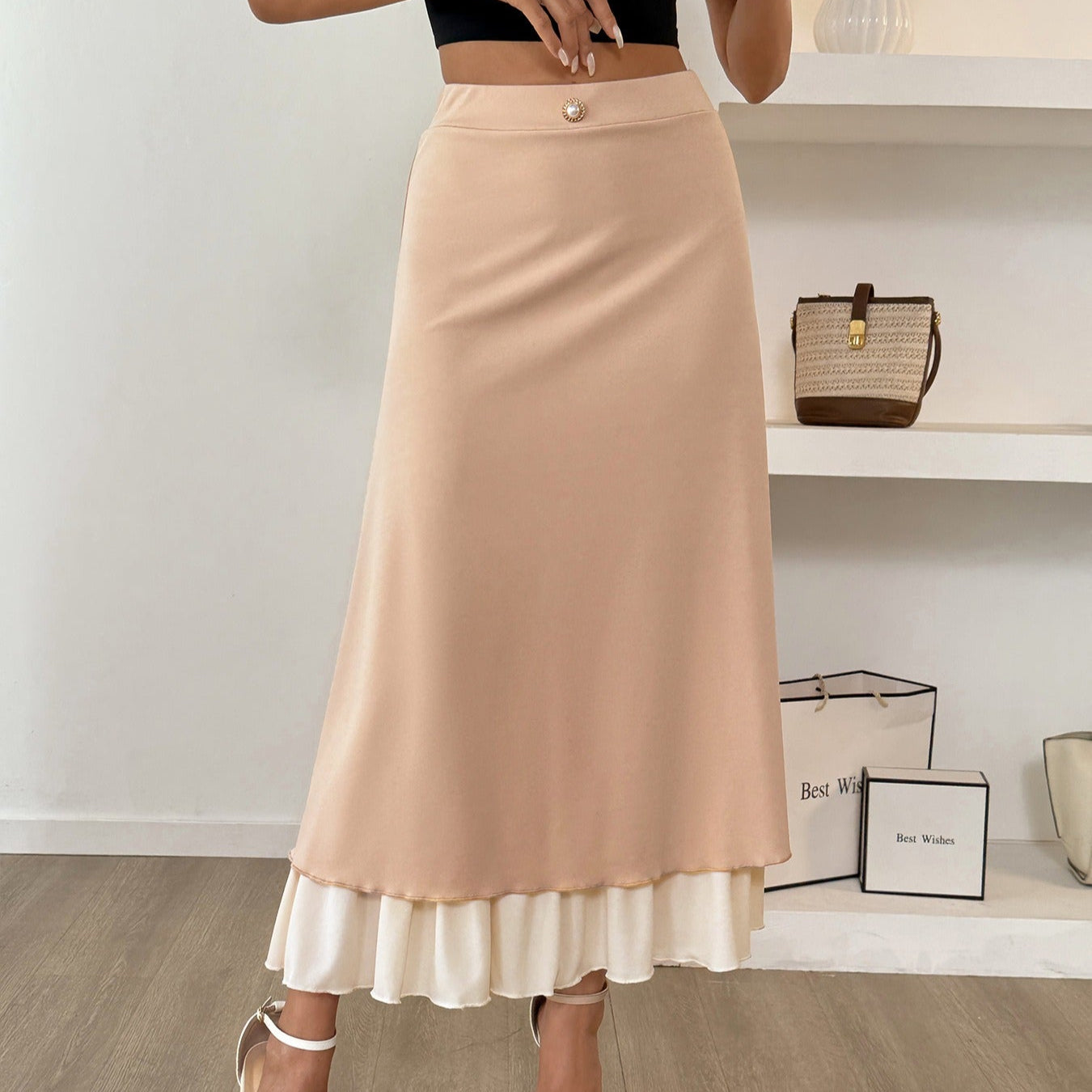 Langer fließender doppellagiger Satinrock für Damen - Remi