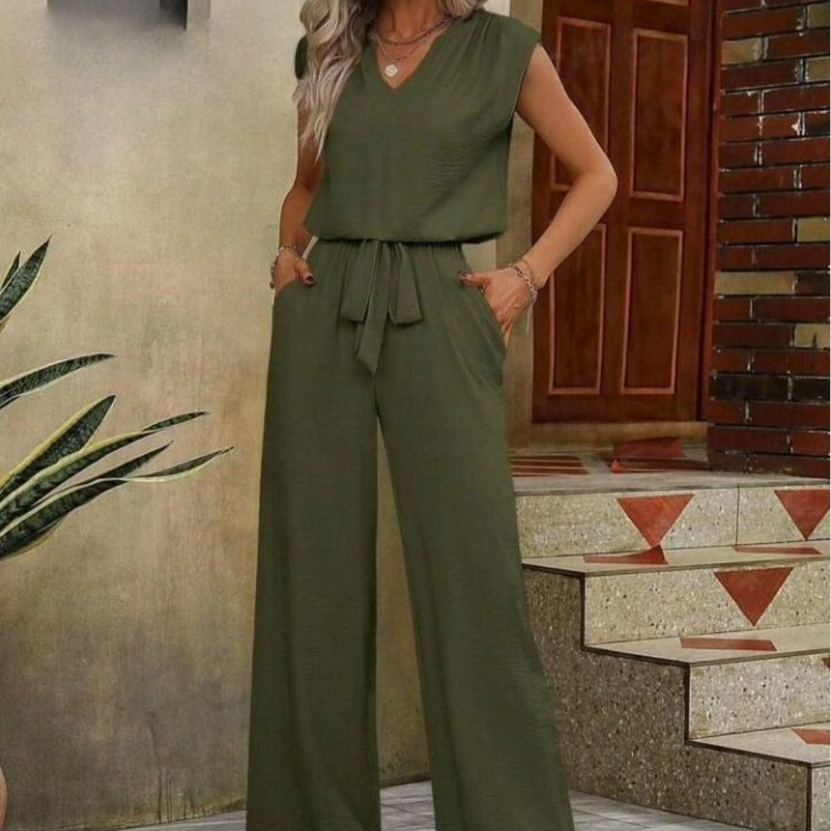 Ärmelloses Set mit V-Ausschnitt und Palazzo-Hose für Damen - Lorena