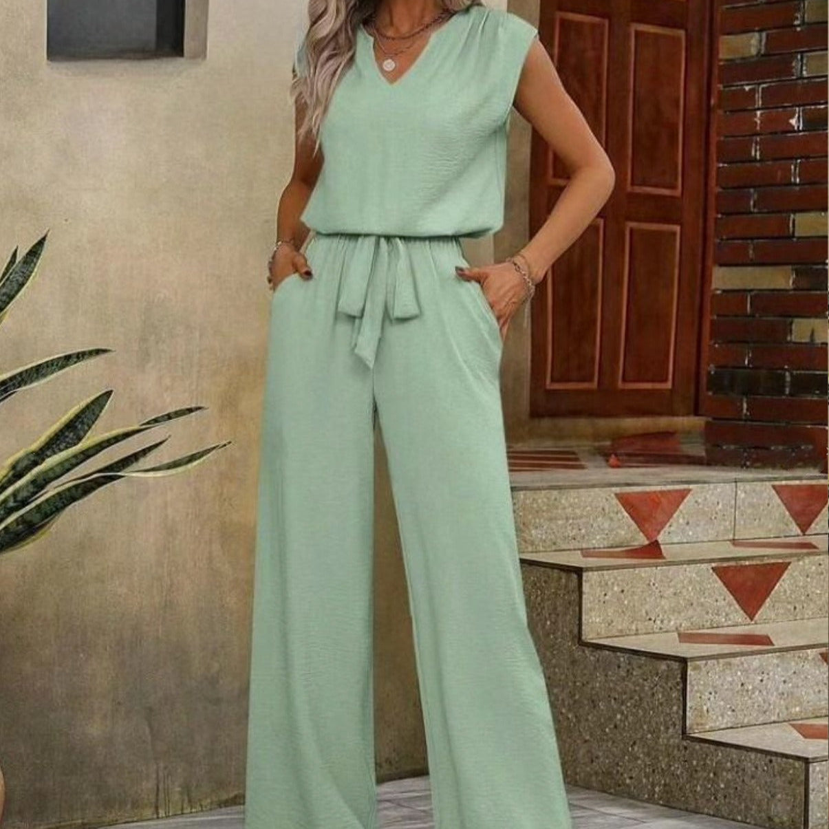 Ärmelloses Set mit V-Ausschnitt und Palazzo-Hose für Damen - Lorena