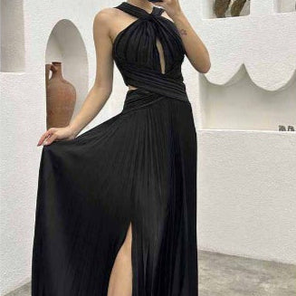 Langes plissiertes Damenkleid aus Satin mit asymmetrischem Schnitt - Natalia