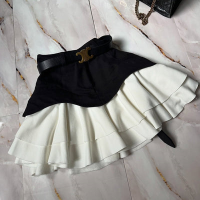 Damen Jeansminirock kombiniert mit plissierten Rüschen im Lagenschnitt - Yvette