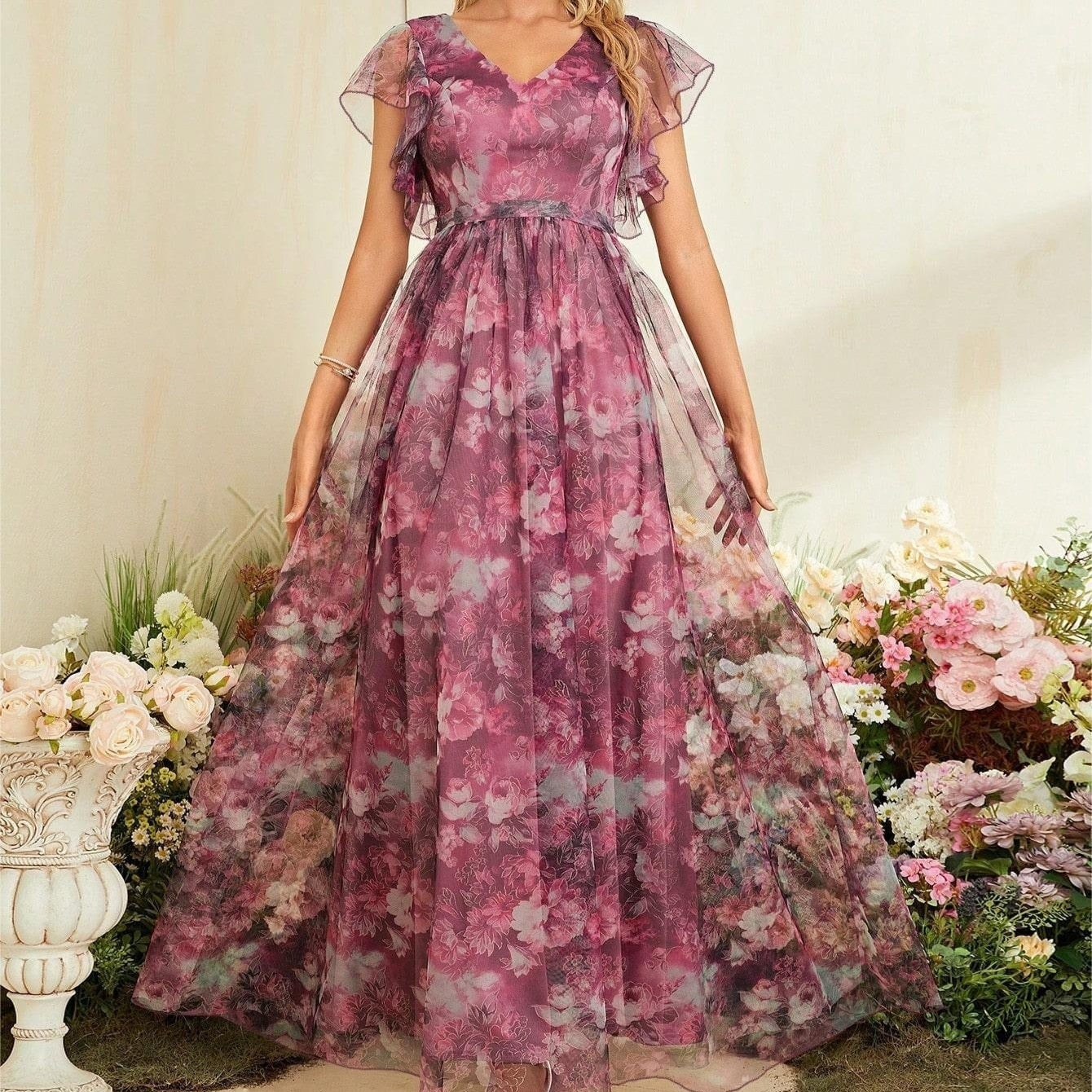 Langes Kleid aus bedrucktem Chiffon, luftiger Stil - Mariana