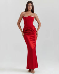 Jana | Damen Figurbetontes Satin Korsett Abendkleid in Rot