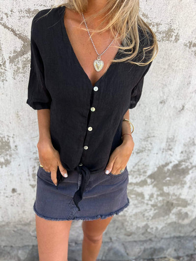 Chic Sommer V-Ausschnitt Baumwoll-Leinen Top für Damen