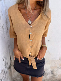 Chic Sommer V-Ausschnitt Baumwoll-Leinen Top für Damen in Khaki