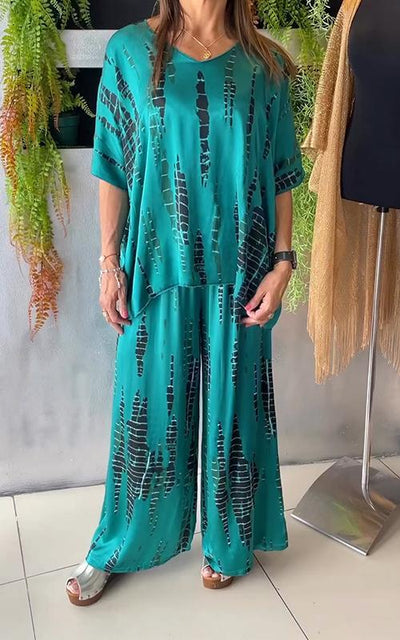 Aubrey™ - Lässiges Zweiteiliges Satin Kostüm mit Rundhalsausschnitt