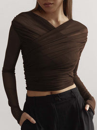 Damen Überkreuzte Front Lang Shirt in Dunkelbraun
