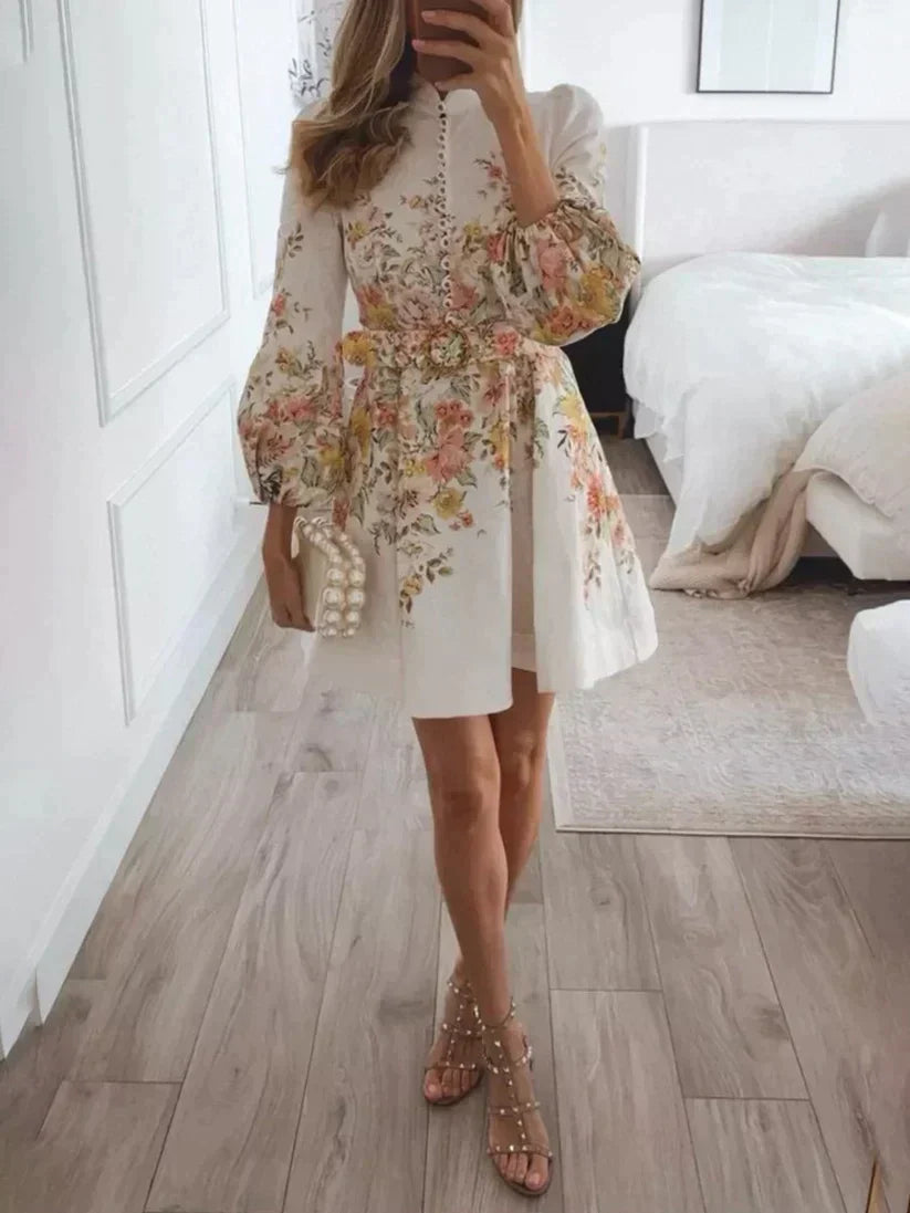 Damen Langarm Mini Kleid mit Floral Muster