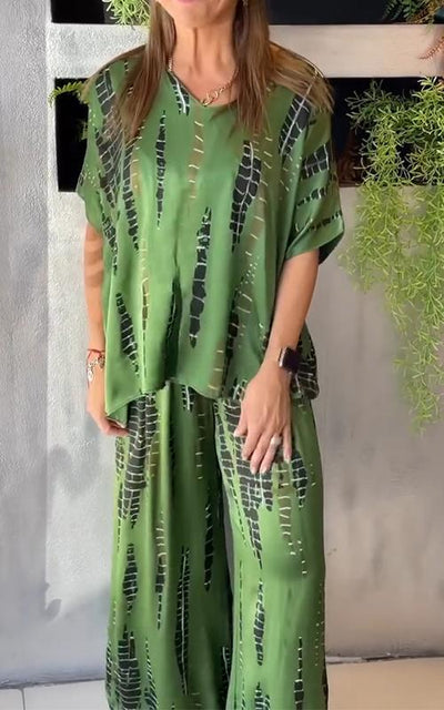 Aubrey™ - Lässiges Zweiteiliges Satin Kostüm mit Rundhalsausschnitt