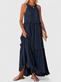 Julia | Damen Elegantes Drapiertes Maxikleid in Dunkelblau