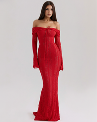 Lea | Damen Figurbetontes Off-Shoulder Maxi Hochzeitsgast Kleid in Rot