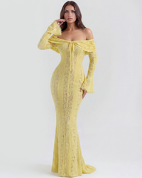 Lea | Damen Figurbetontes Off-Shoulder Maxi Hochzeitsgast Kleid in Gelb