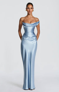 Leni | Damen Figurbetontes One-Shoulder Satin Abendkleid in Blau