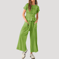 Lillian | Damen Kurzarm Zweiteiler Set Weite Hose in Grün