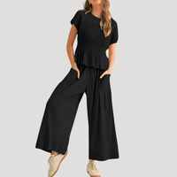 Lirette | Damen Zweiteiler Peplum Top Weite Hose Set in Schwarz