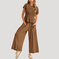 Lirette | Damen Zweiteiler Peplum Top Weite Hose Set in Braun