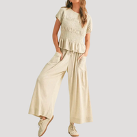 Lirette | Damen Zweiteiler Peplum Top Weite Hose Set in Aprikose