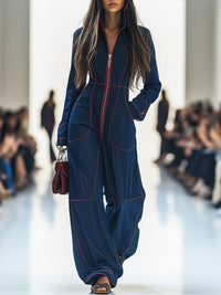 Lucasta | Damen Overall mit Weitem Bein und Langarm in Dunkelblau