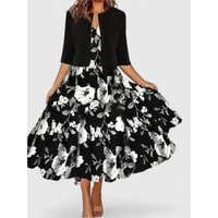 Melanie | Damen Florales Muster Midikleid mit Strickjacke in Schwarz