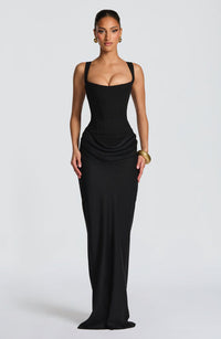 Mia | Damen Formelles Drapiertes Maxi Abendkleid in Schwarz
