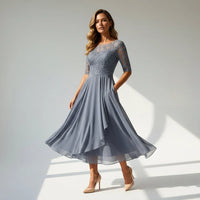 Ella | Damen Festliches Spitzen Midikleid in Grau