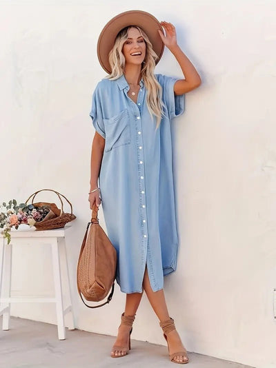 Denim Kleid mit Knöpfen und Tasche für Damen