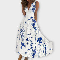 Romy - Floral V-Neck Kleid in Blau