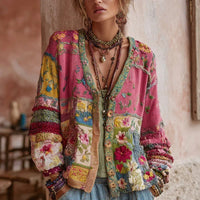 Simiey | Damen Farbenfrohes Floralmuster Boho Strickjacke in Rosa