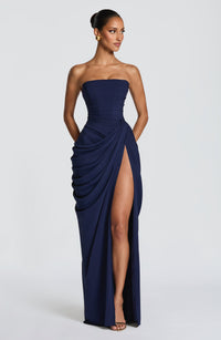 Olivia | Maxikleid mit Schnürung und Schlitz in Marineblau
