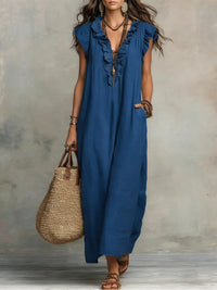 Norea | Boho-Kleid aus Leinen &amp; Baumwolle in Blau
