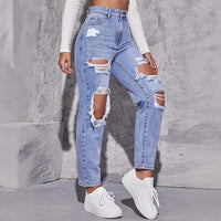 Paula | Damen Hochgeschnittene Destroyed Jeans in Blau
