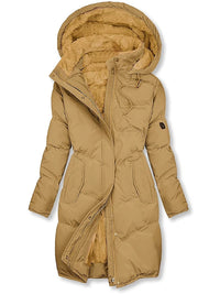 Winterjacke Damen Gefüttert Mit Kapuze | Lang Mit Reißverschluss und Knöpfen in Khaki