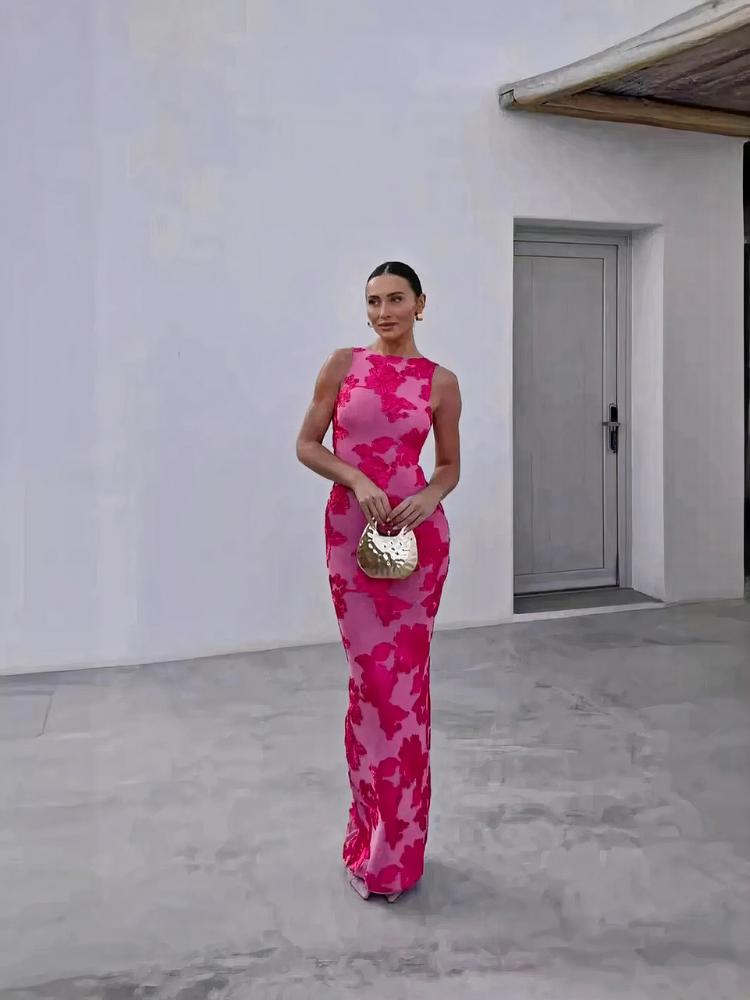 Rosa geblümtes Damen Bodycon Abendkleid | Maxi