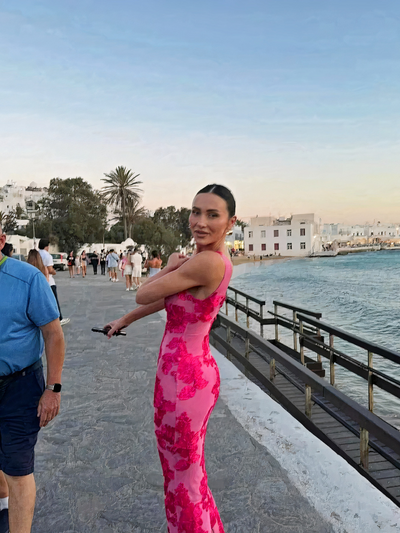 Rosa geblümtes Damen Bodycon Abendkleid | Maxi